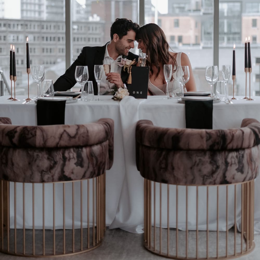 Intimate wedding reception at Manchester Hall with views of the city skyline 