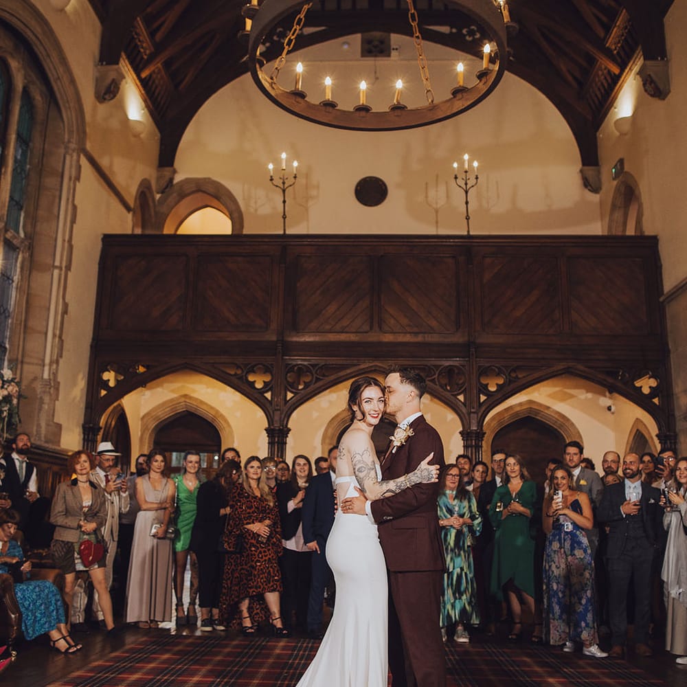 Bride & groom embrace during first dance at St Audries Park 