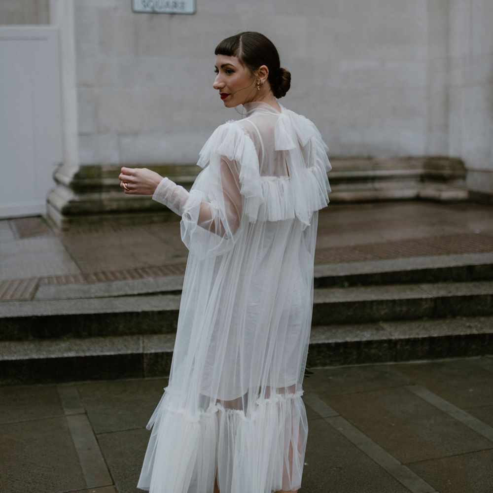 Tulle midi dress with ruffled hem and collar detail 