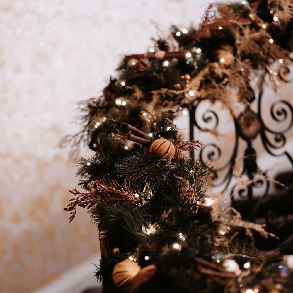 Festive Christmas decorations for a winter wedding along the staircase 