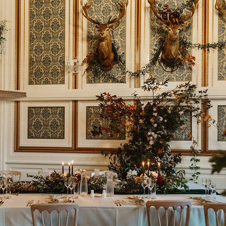 Drumtochty Castle wedding venue with gold details and black tapered candles for autumn wedding