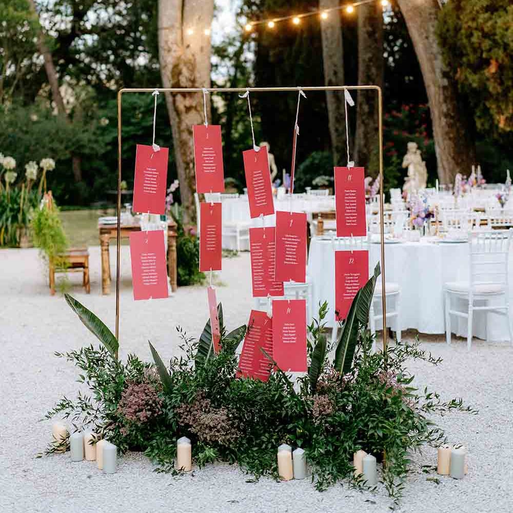 Hanging wedding table plan for romantic Italian wedding outdoors