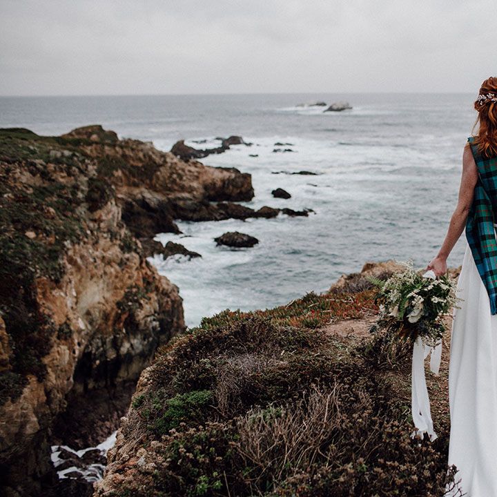 Big Sur Scottish themed coast wedding portraits with bride and groom in blue and green tartan 