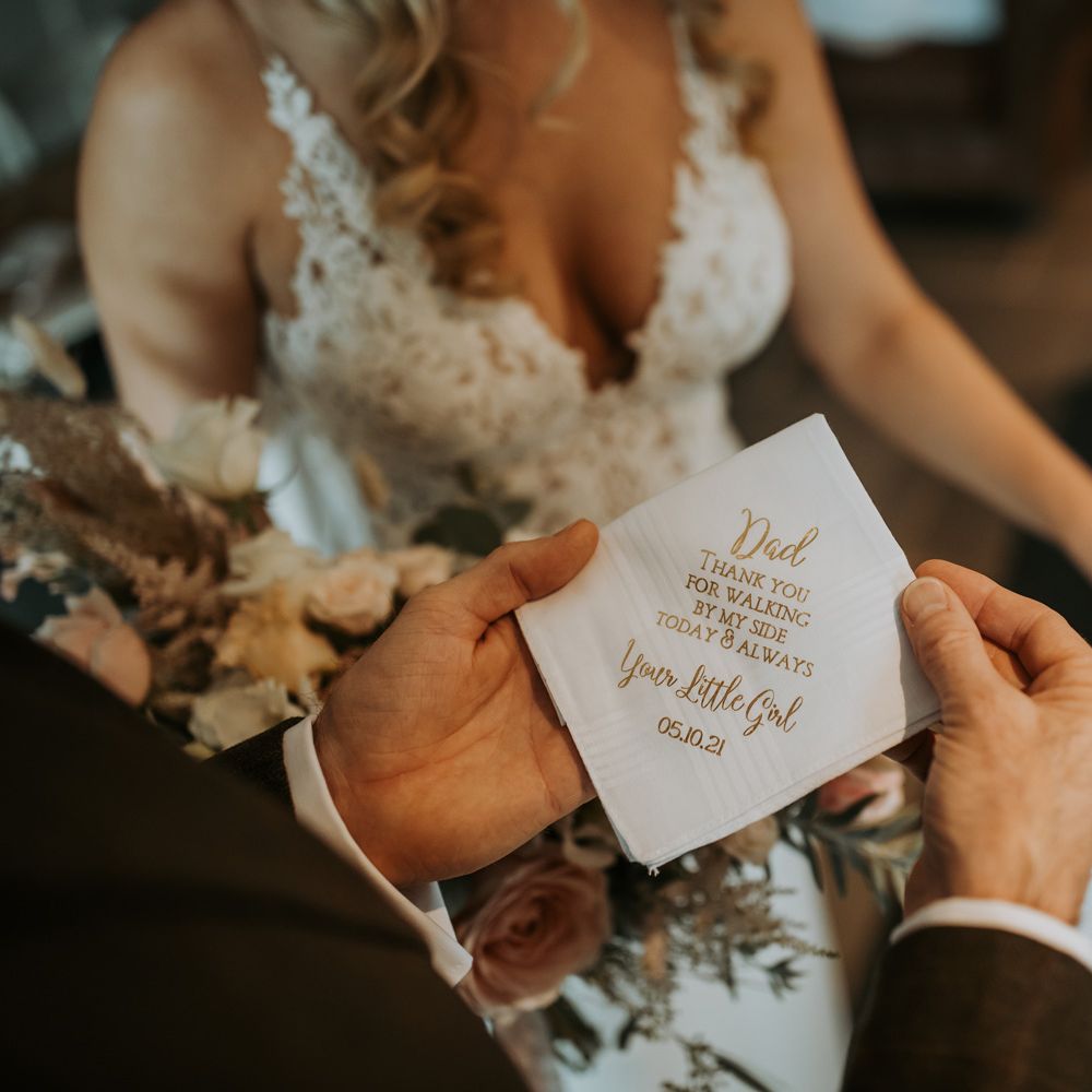 Personalised father of the bride message at rustic Lake District barn wedding