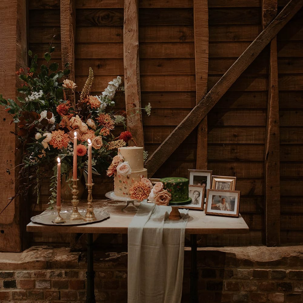 Wedding cake table at rustic wedding