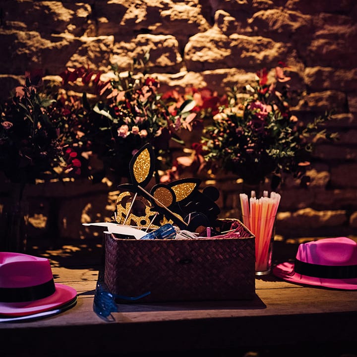 Area and box all of fun props and hats for the wedding guests to take photos with 