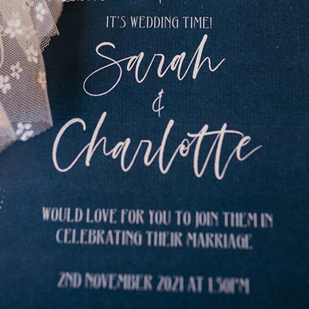 Dark navy blue wedding invitation on the day stationery 