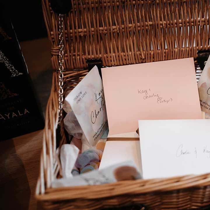 Hamper of wedding cards in pastel pink colours