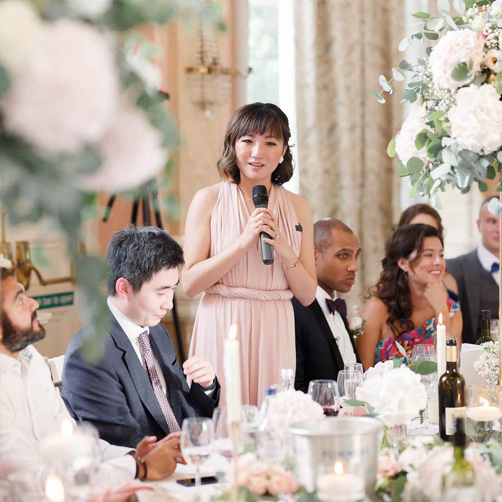Bridesmaid wearing blush pink gown gives speech during reception