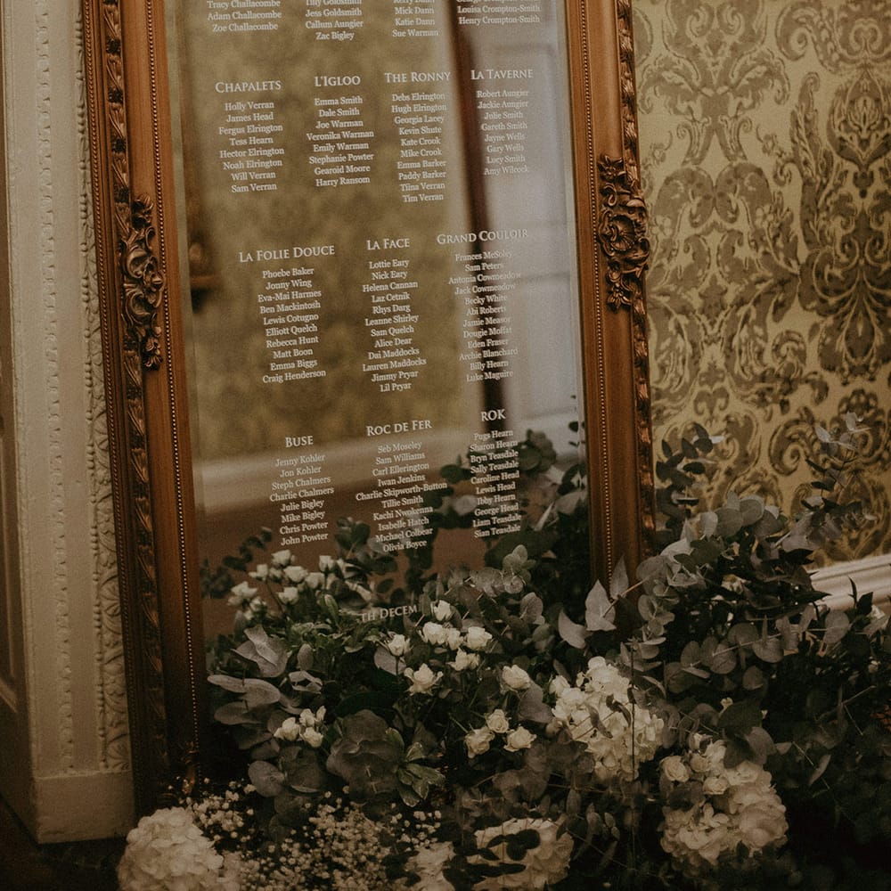 Golden framed mirror wedding sign at Hedsor House wedding