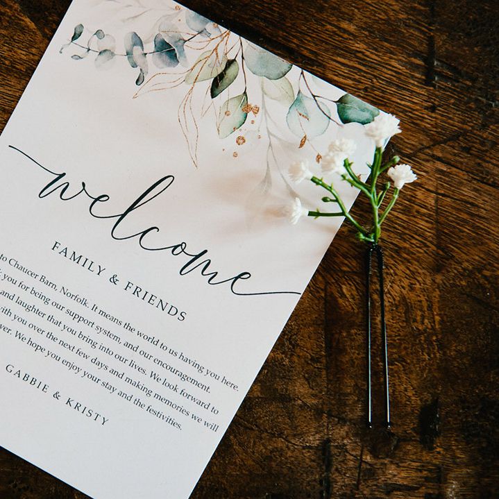 Welcome cards for guests with personal message from the brides for Chaucer Barn wedding with gypsophila hair pin 
