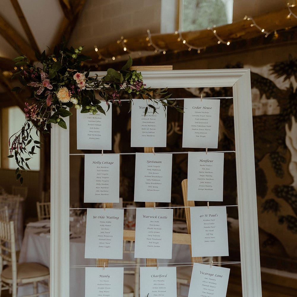 Large white photo frame seating chart with white cards attached with string and mini pegs on a wooden easel 