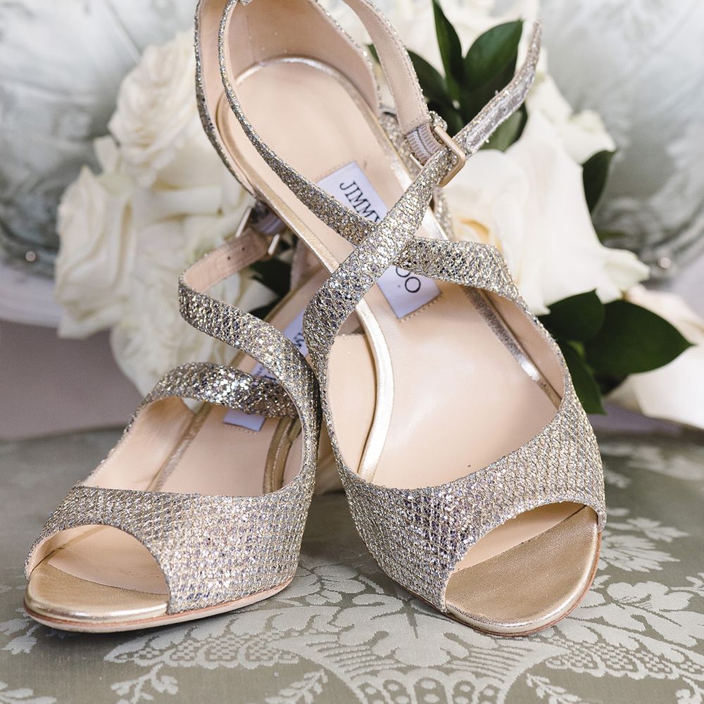 Sparkly metallic strappy Jimmy Choo wedding shoes 