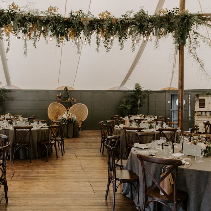 Tipi wedding reception venue with rustic feel and florals