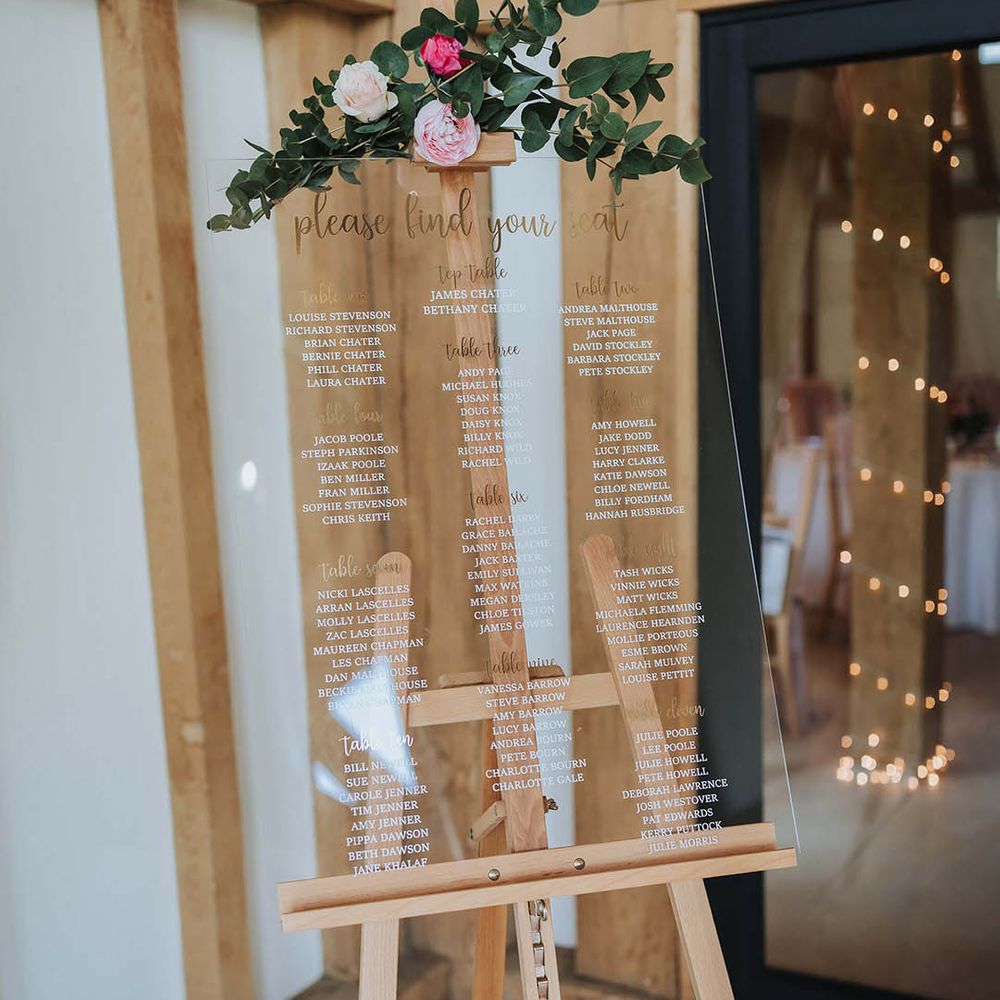 Clear acrylic wedding table plan on a wooden easel with pink flower and foliage decor 