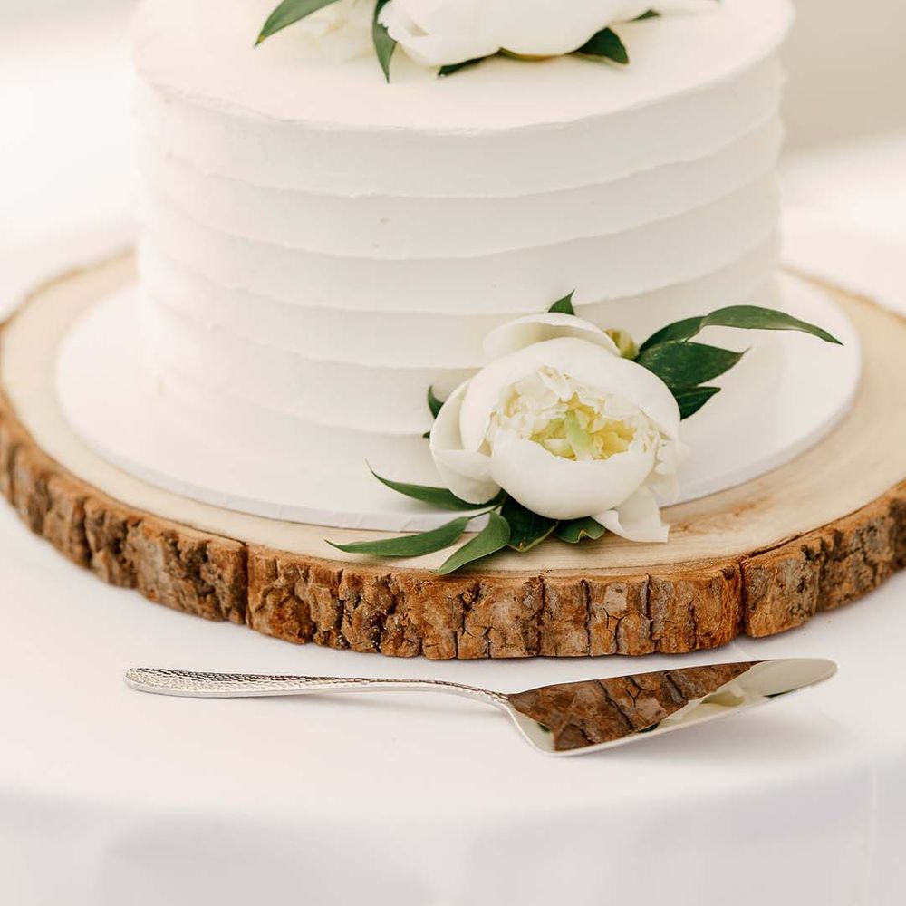 single tier white buttercream wedding cake on a rustic tree slice cake stand 