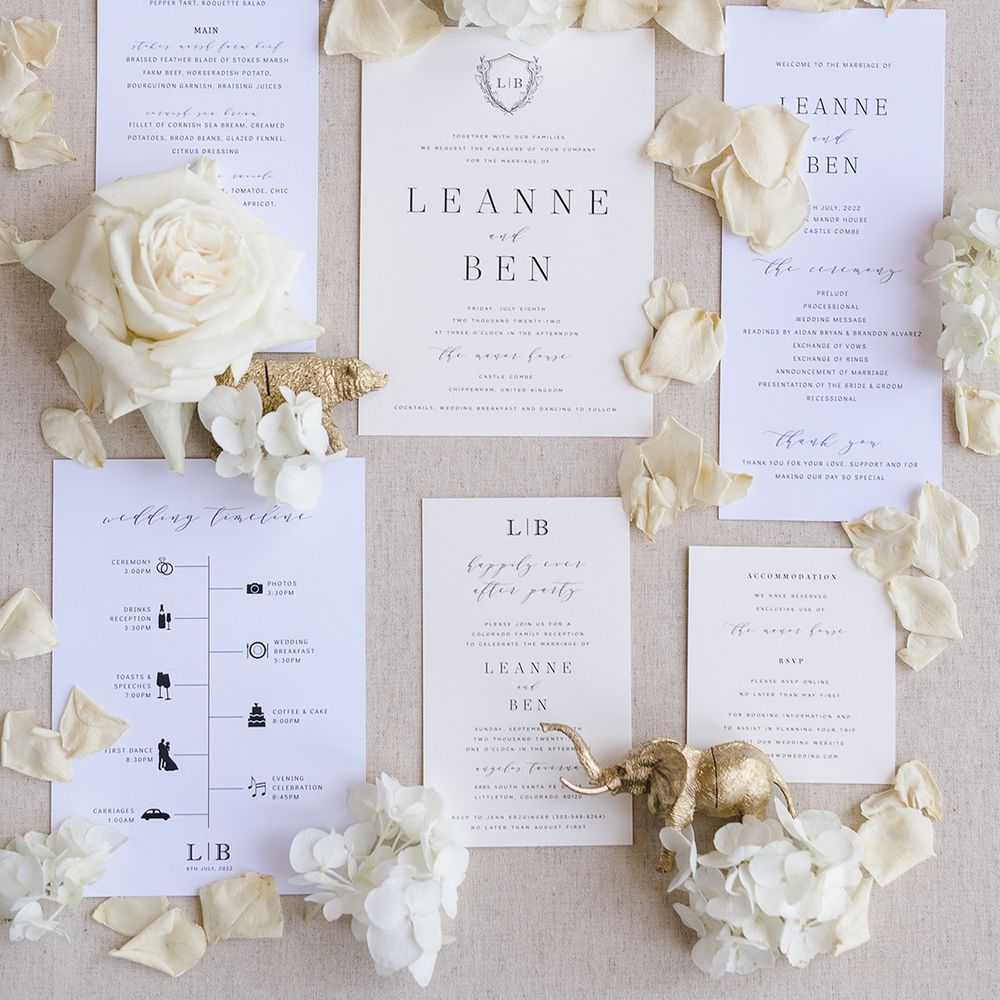 Classic luxury wedding stationery flatly with rose petals for traditional wedding at The Manor House, Castle Combe wedding venue 