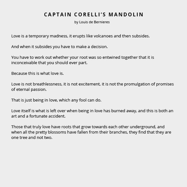 Captain Corelli's Mandolin Wedding Reading by Louis de Bernieres