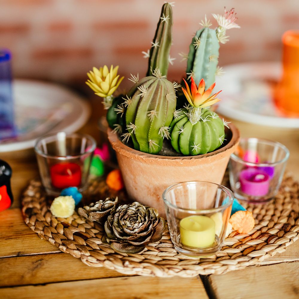Cactus wedding centrepiece with colourful candles and pinecones for barn wedding reception