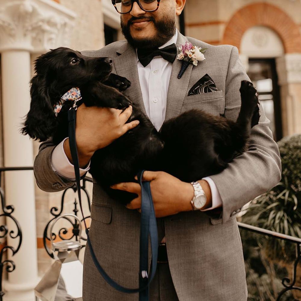 Groom in grey suit and black bow tie with neutral boutonnière holding black puppy