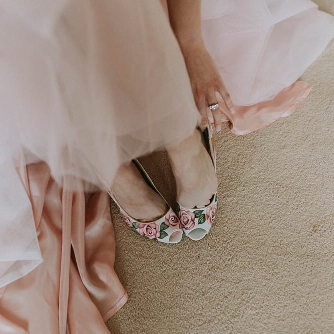 floral wedding shoes for spring wedding at Hooton Pagnell