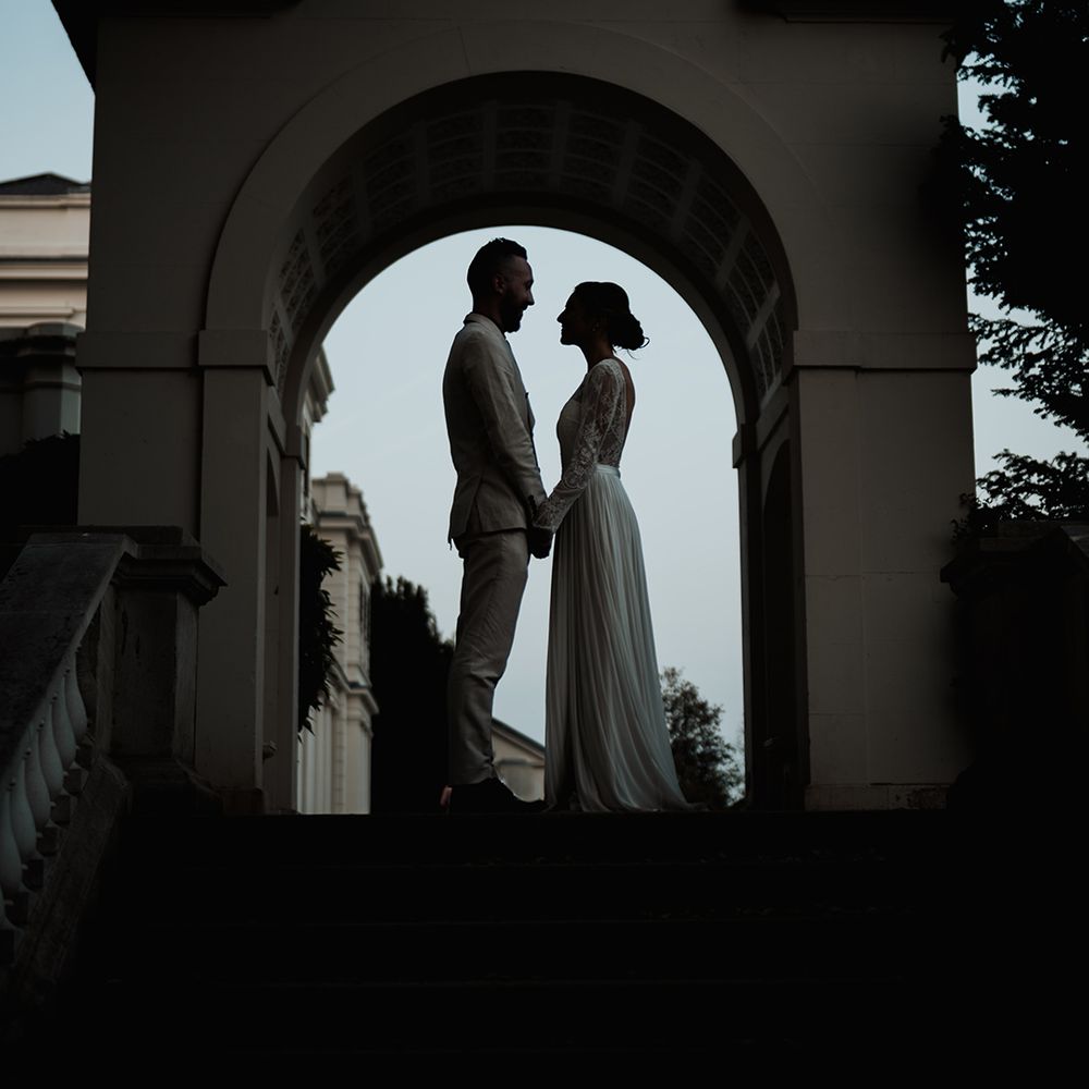 bride and groom silhouette photograph at Gunnersbury Park wedding 