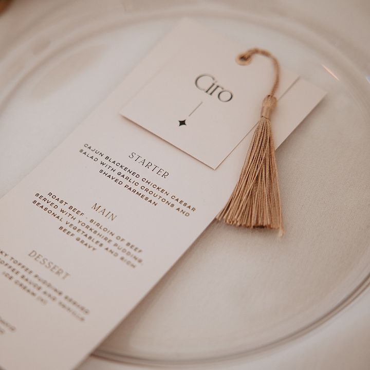 Neutral wedding menu for three course wedding breakfast at marquee wedding reception 
