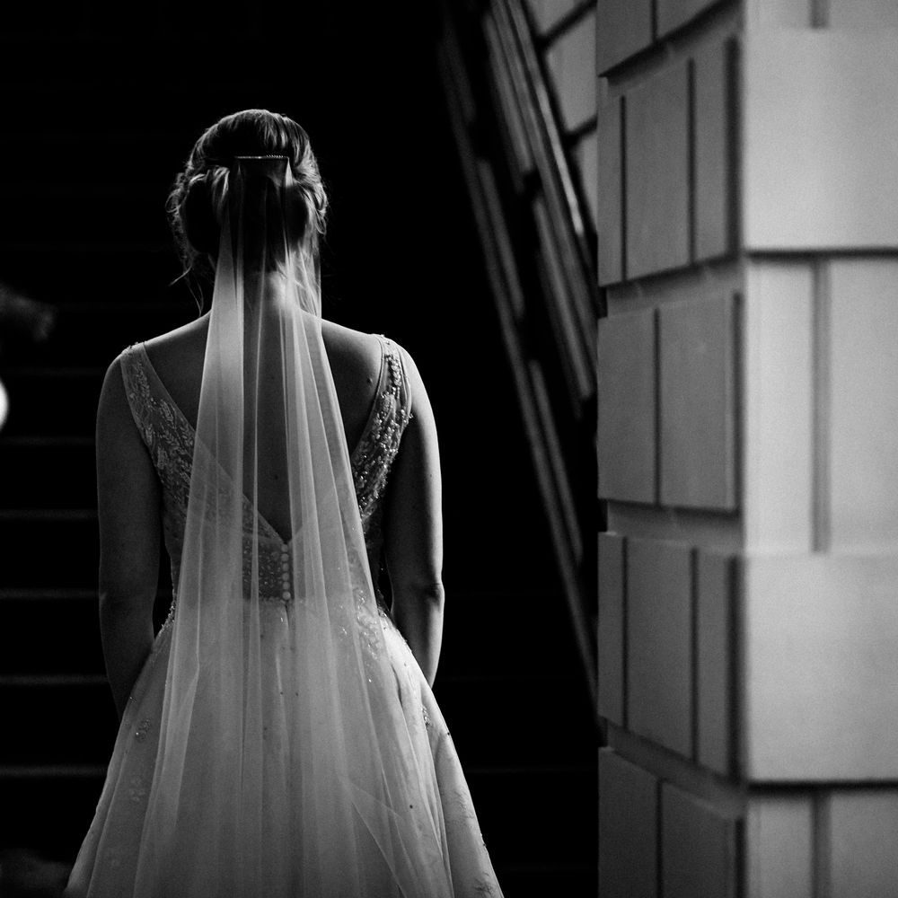 Black & white image of bride on the day of her wedding