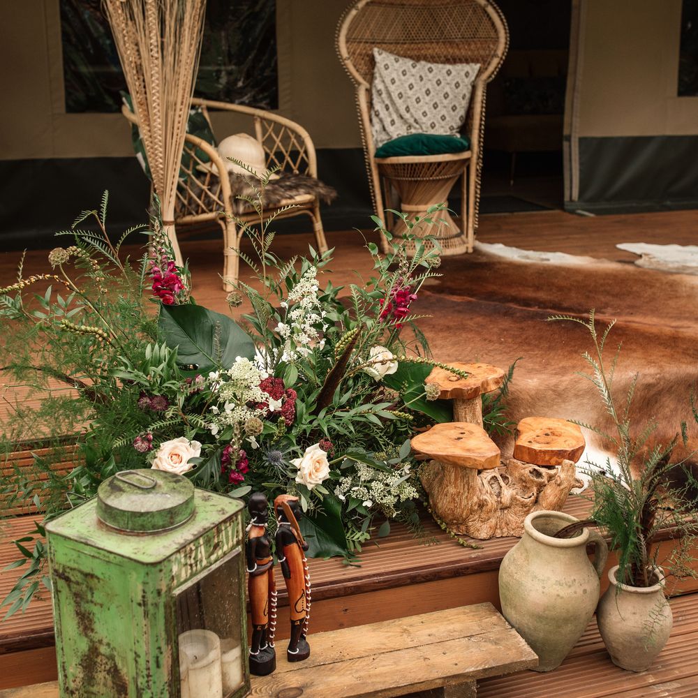 Floral decor featuring red and white blooms