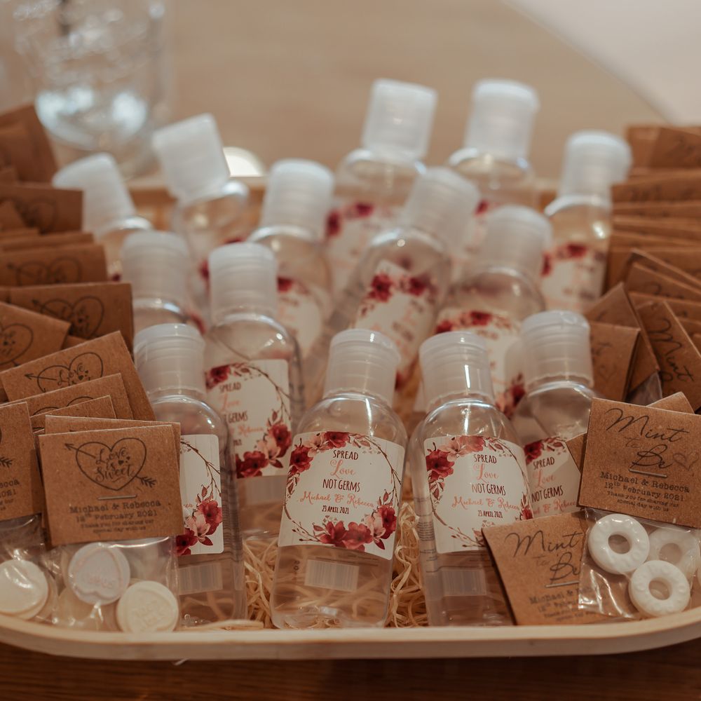 Hand sanitisers and personalised polo mints and love hearts