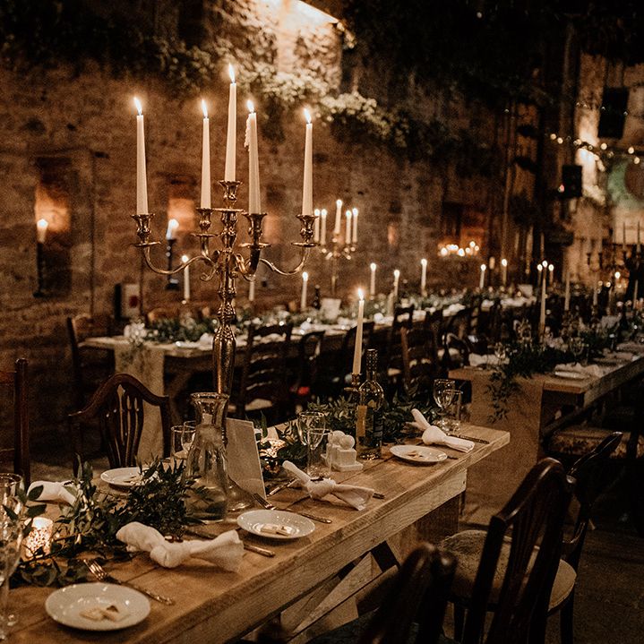 Candelabra wedding table decorations at cosy Lyde court wedding reception 