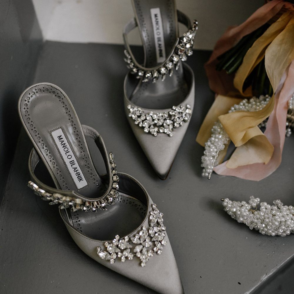 Silver/grey jewel encrusted Manolo Blahnik mule bridal shoes 