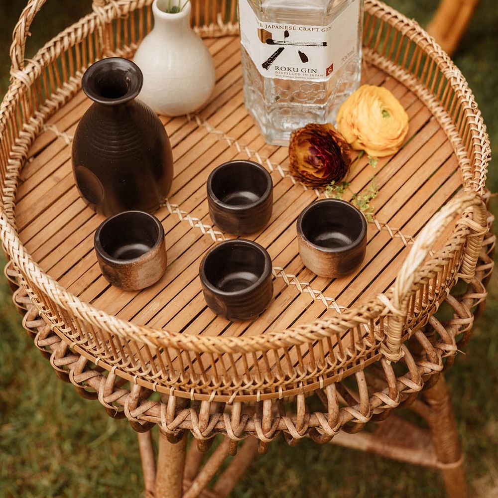 Roku Gin and san Ku do nuptial cups on a bamboo table at Japanese wedding inspiration 