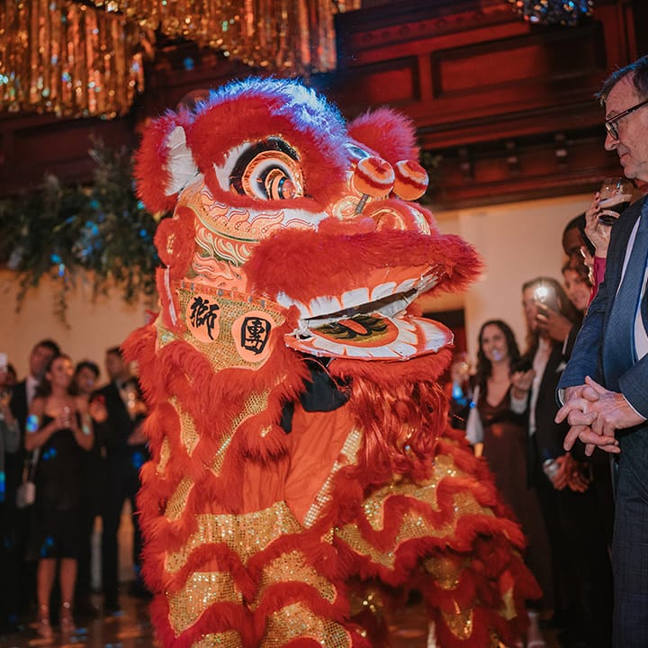 Close up of traditional Chinese Lion Dance at multicultural Christmas wedding at Old Marylebone Town Hall, London 