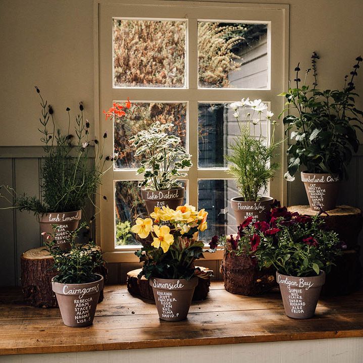 Plant pot wedding table plan and seating chart for botanical and boho wedding at The Parlour, Blagdon