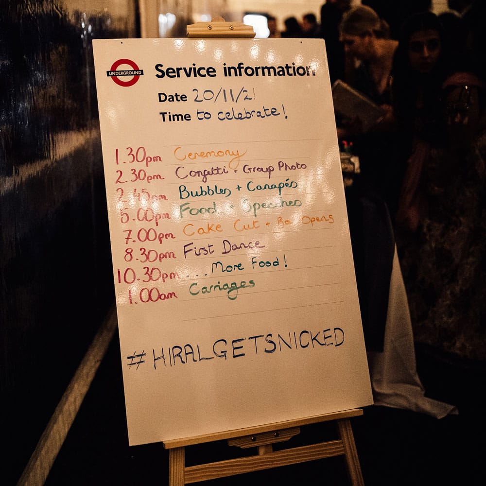 London underground themed wedding table plan on wooden easel