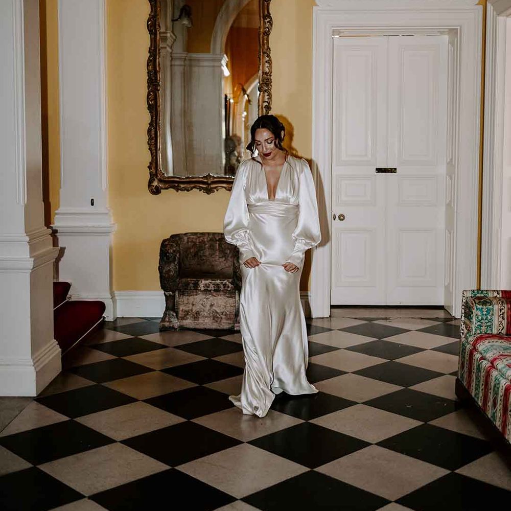 slinky satin wedding dress with long sleeves 