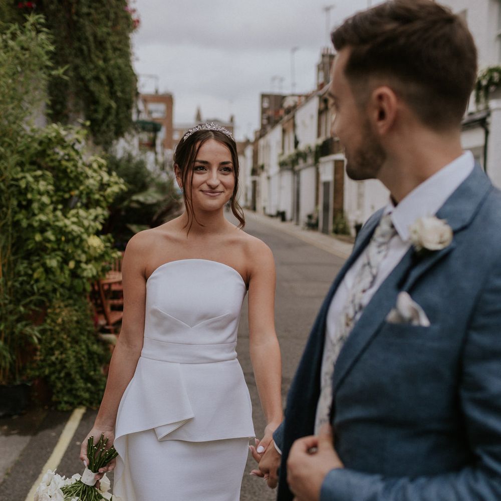 Stylish bride in Roland Mouret dress for intimate micro wedding 