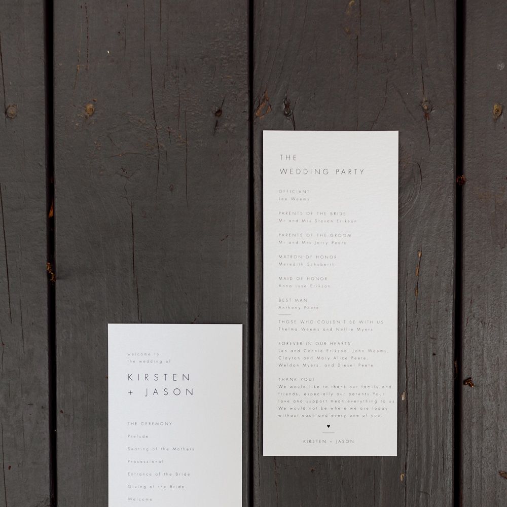 White wedding stationery with order of service and members of wedding party written on for backyard wedding