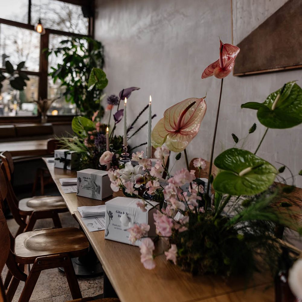 Green and pink anthurium table centrepiece flowers 