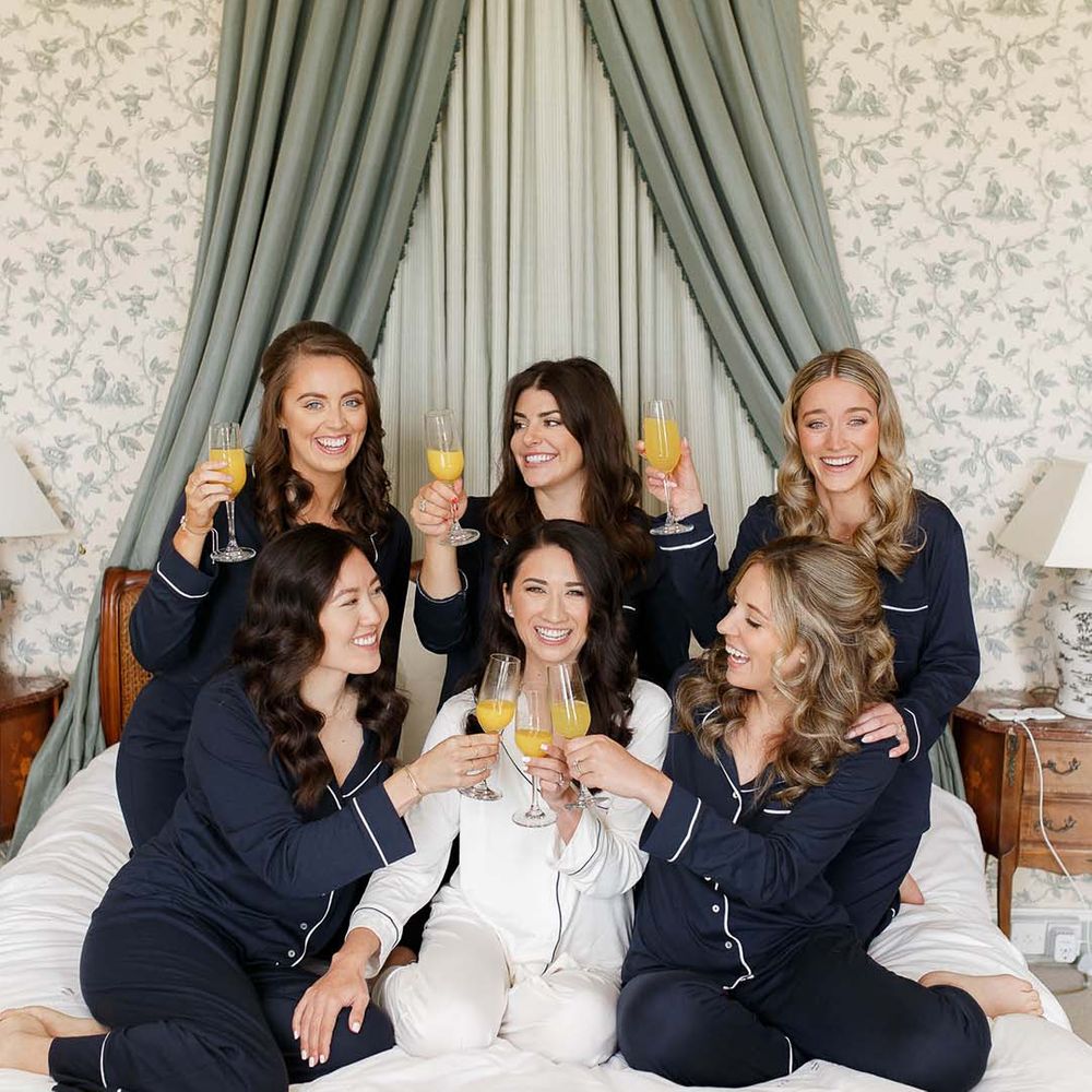 Matching bridal party getting ready pyjamas in black and white 