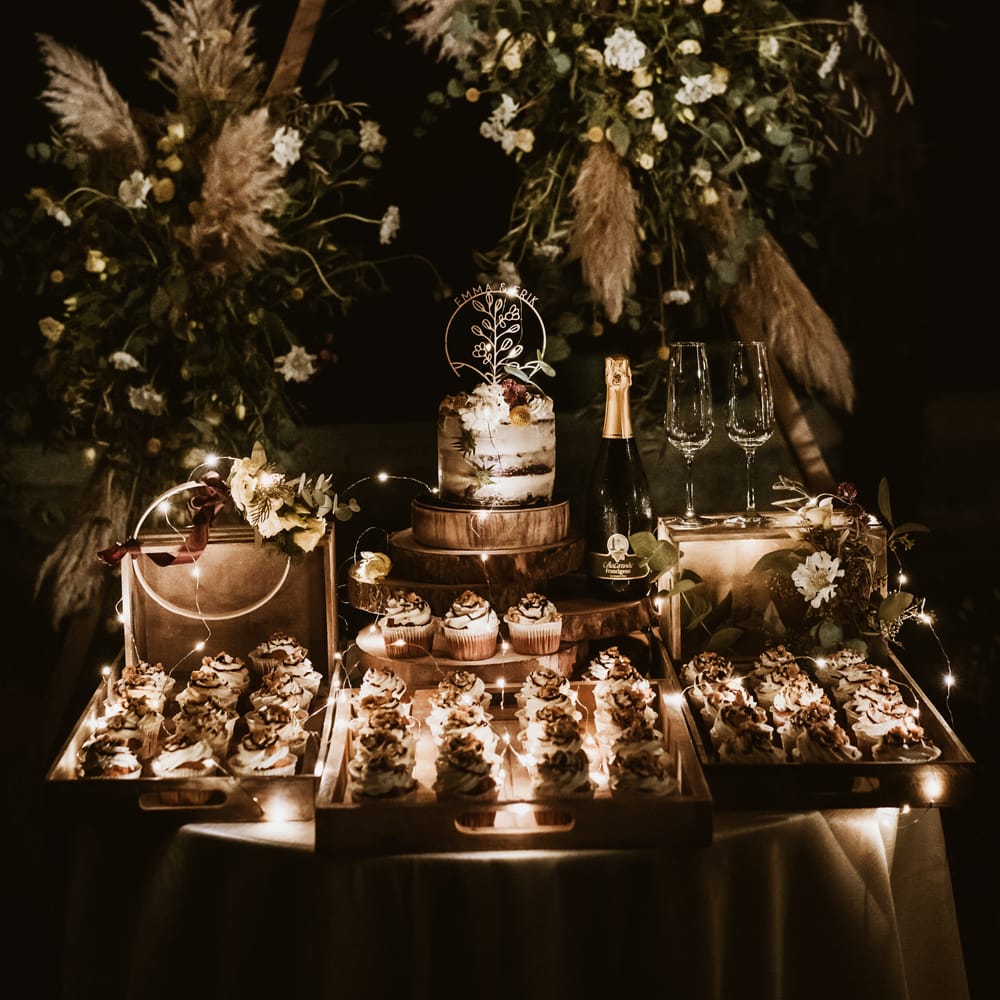Wedding cake table with single tier semi naked wedding cake and individual cupcakes 