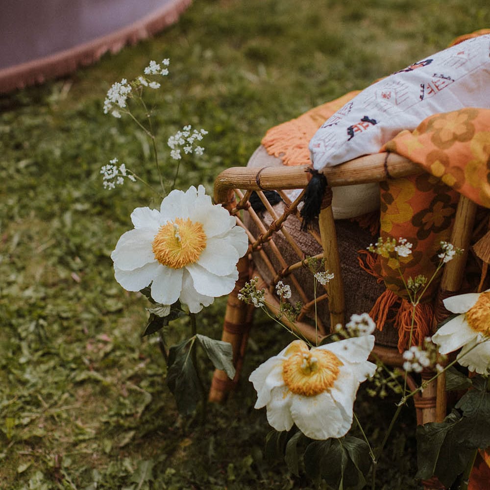 Giant daisy and peony wild wedding flower aisle decor 
