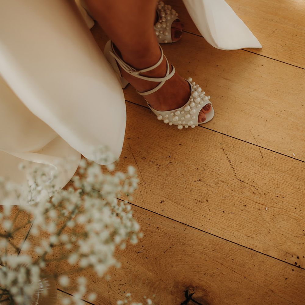 Charlotte Mills peep toe wedding shoes with pearl embellishment 