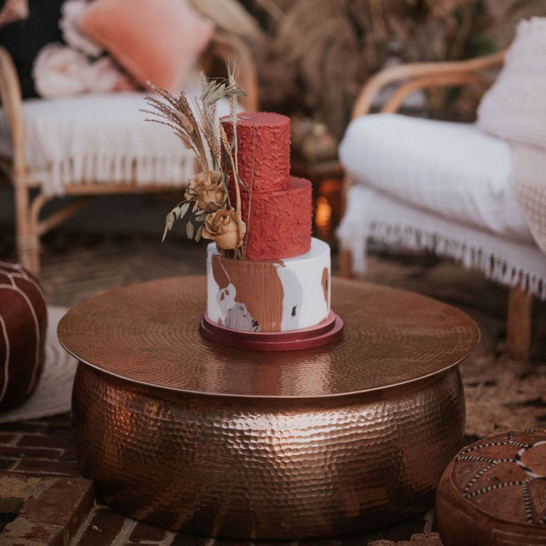 Three tier abstract boho wedding cake with pampas grass detailing
