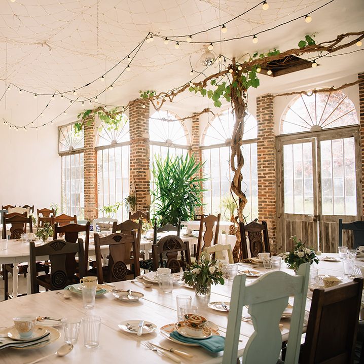 Wedding reception area with fairy lights 