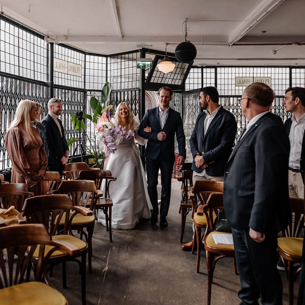 Humanist wedding ceremony bridal entrance in a puff sleeve wedding dress