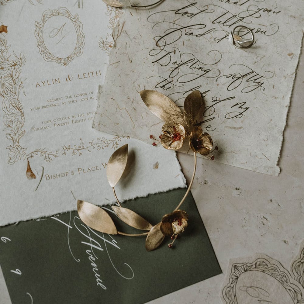 Gold cuff bridal bracelet, earrings and necklace resting on the wedding stationery suite