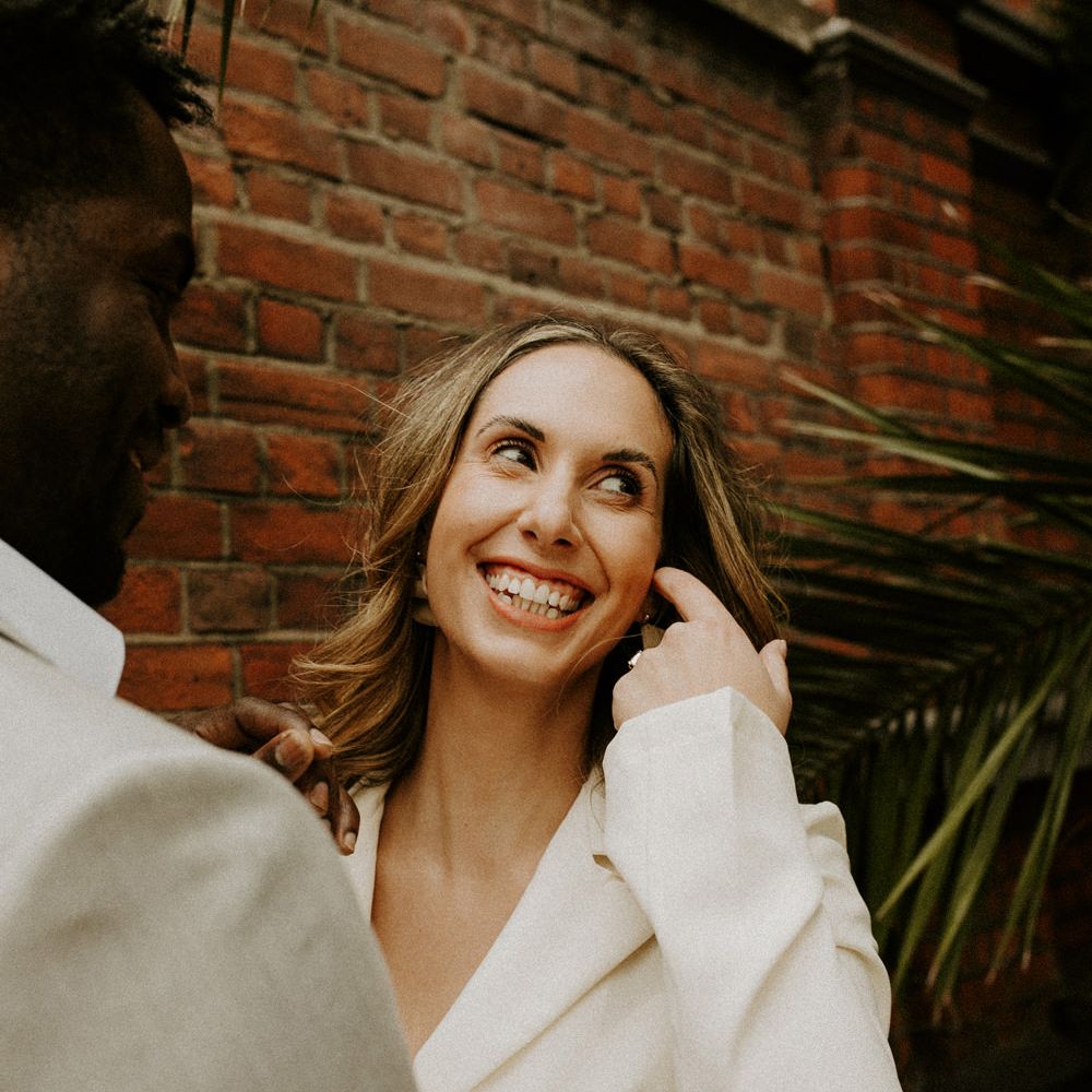 Happy bride at city elopement 