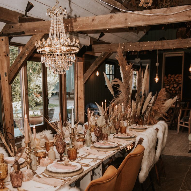 Boho inspired tablescape inside the Preston Court barn